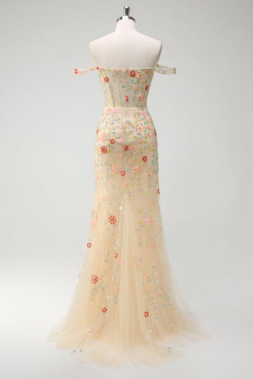 Glitrende champagne havfrue fra skulderen blomstret korset lang gallakjole med slids